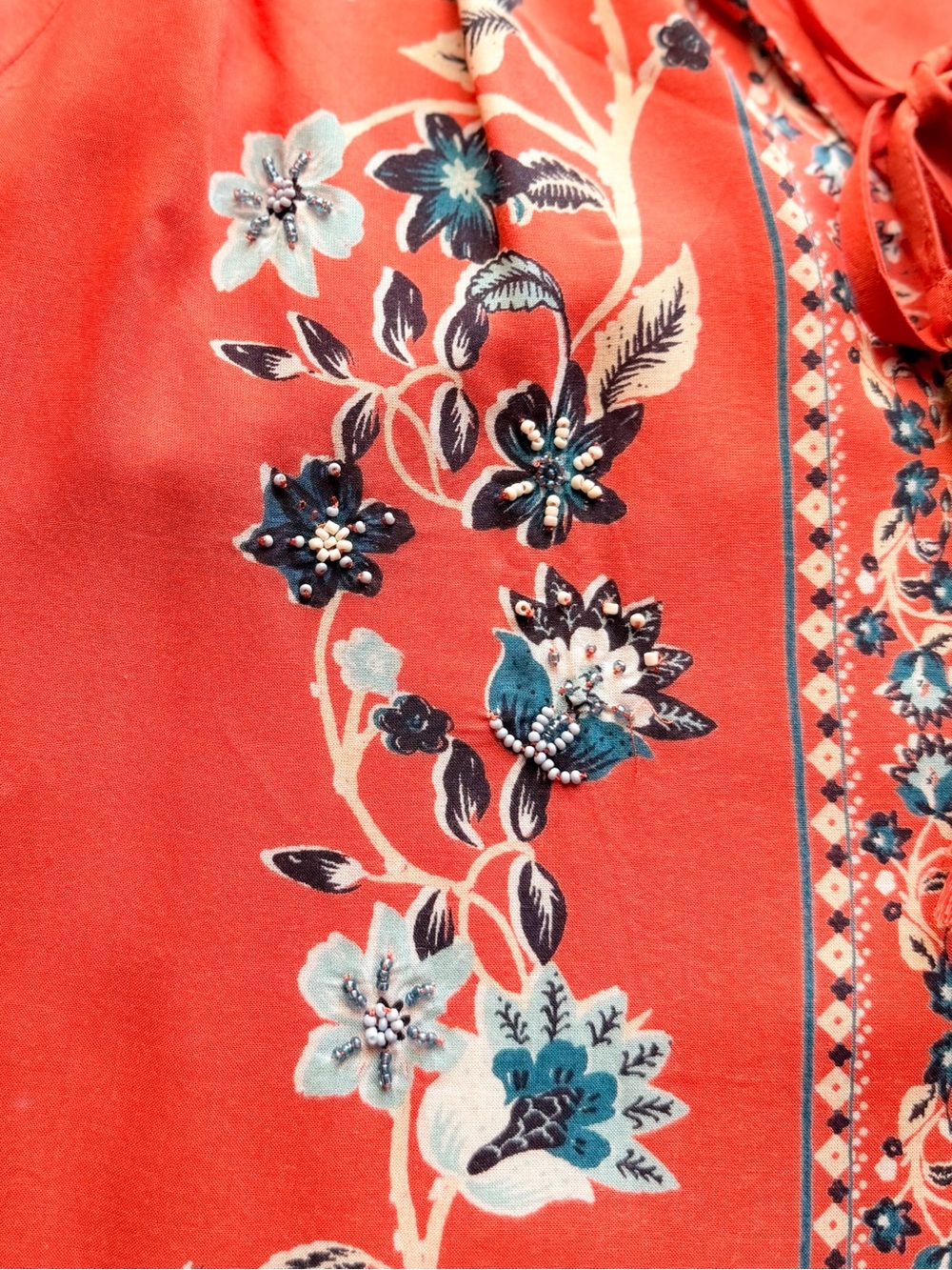 Chico’s Orange Floral Boho Beaded Blouse V-Neck Tassel Tie Front Long Sleeve XL - Picture 7 of 16